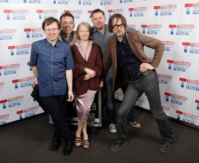 Pulp members (L-R) Mark Webber, Steve Mackey, Candida Doyle, Nick Banks and Jarvis Cocker backstage at the Royal Albert Hall, London, in 2012. Photo: Yui Mok