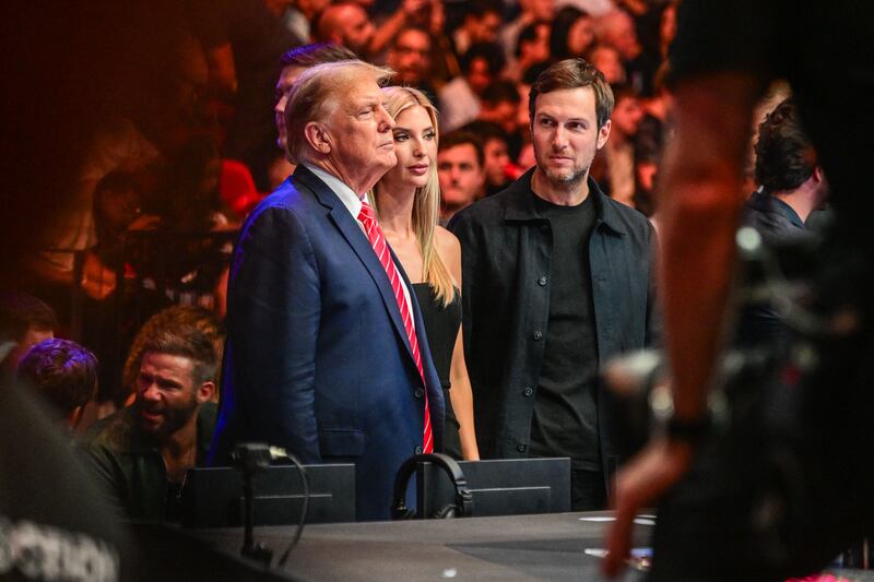 Former US President Donald Trump, left, his daughter Ivanka Trump and her husband Jared Kushner attend UFC 299  at the Kaseya Center in Miami, Florida on March 9, 2024. AFP