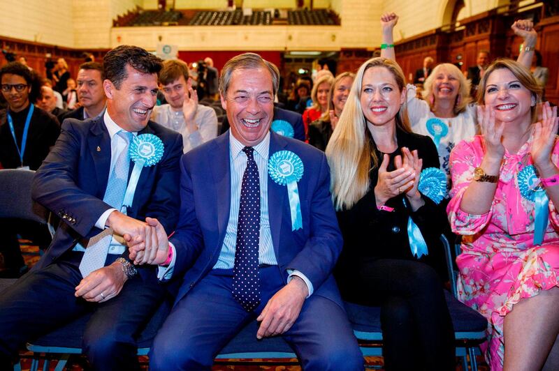 Brexit Party leader Nigel Farage reacts after the European Parliament election results for the UK South East Region are announced at the Civic Centre Southampton. AFP