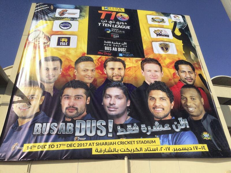 A promotional poster for the T10 Cricket League outside Sharjah Cricket Stadium. Paul Radley / The National