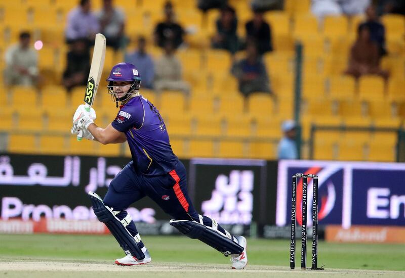 Abu Dhabi, United Arab Emirates - November 17, 2019: Bangla Tigers' Rilee Rossouw hits out during the game between Karnataka Tuskers and Bangla Tigers in the Abu Dhabi T10 league. Sunday the 17th of November 2019. Zayed Cricket Stadium, Abu Dhabi. Chris Whiteoak / The National