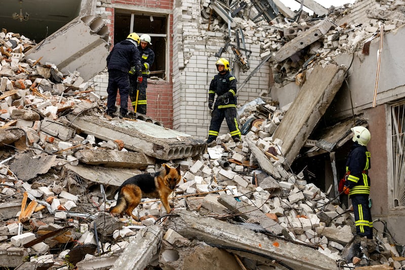 A dog stands on the rubble as rescuers work at the site of a destroyed building during a Russian missile strike in Chernihiv. Reuters