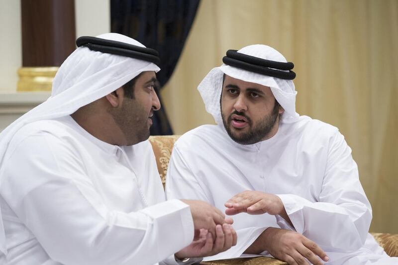 Sheikh Diab bin Mohammed bin Zayed, right, speaks with Sheikh Mohammed bin Hamdan bin Zayed, left. Donald Weber / Crown Prince Court - Abu Dhabi