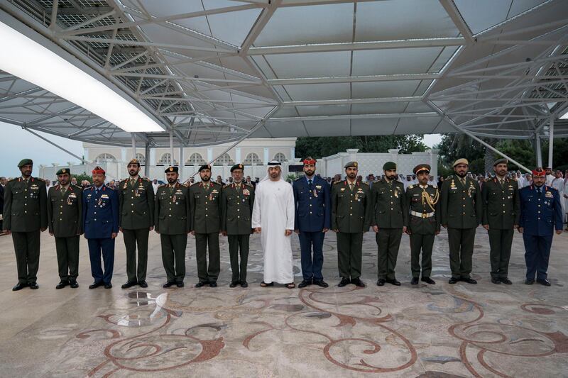 ABU DHABI, UNITED ARAB EMIRATES - November 12, 2018: HH Sheikh Mohamed bin Zayed Al Nahyan Crown Prince of Abu Dhabi Deputy Supreme Commander of the UAE Armed Forces (8th L), stands for a photograph with members of the UAE Armed Forces who received Medals of Bravery and Medals of Glory, during a Sea Palace barza. Seen with HE Brigadier General Saleh Mohamed Saleh Al Ameri, Commander of the UAE Ground Forces (L), HE Lt General Hamad Thani Al Romaithi, Chief of Staff UAE Armed Forces (7th L) and HE Major General Ibrahim Nasser Al Alawi, Commander of the UAE Air Forces and Air Defence (R).
( Hamad Al Kaabi / Ministry of Presidential Affairs )?
---
