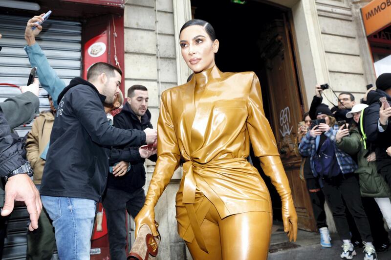 Kourtney Kardashian, daughter Penelope Disick, Kanye West, Kim Kardashian and daughter North West at Theatre des Bouffes du Nord to attend Kanye West's Sunday Service on March 01, 2020 in Paris, France. (Photo by Mehdi Taamallah/NurPhoto via Getty Images)