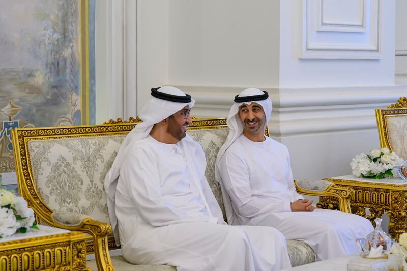 Sheikh Hamdan bin Mohamed bin Zayed (right) and Dr Sultan Al Jaber, UAE Minister of Industry and Advanced Technology, attend a meeting with Mr El Sisi in Al Alamein city