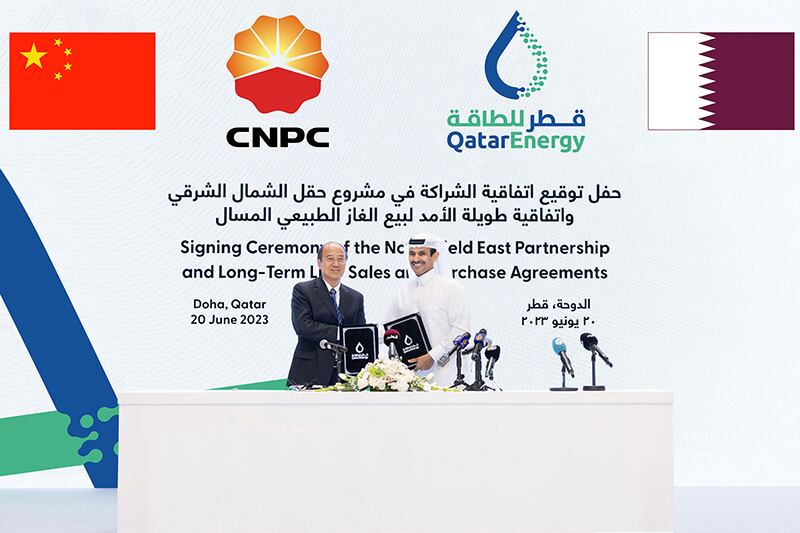 Saad Al-Kaabi, Qatar’s Minister of State for Energy Affairs, and president and chief executive of QatarEnergy, signed the agreement with Dai Houliang, chairman of CNPC. Photo: QatarEnergy