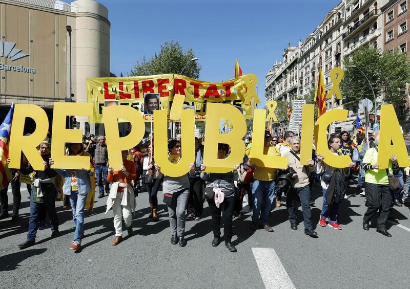 The protest was held six months after the imprisonment of Catalan presidential candidate Jordi Sanchez and pro-independence organisation Omnium Cultural's President, Jordi Cuixart. EPA/Andreu Dalmau