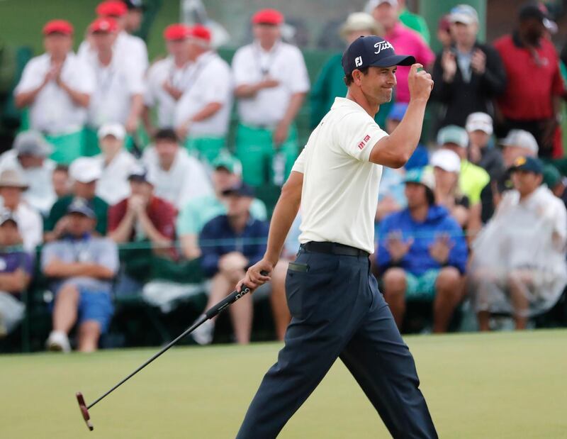 epa07502713 Adam Scott of Australia reacts as he walks onto the green on the eighteenth hole during the second round of the 2019 Masters Tournament at the Augusta National Golf Club in Augusta, Georgia, USA, 12 April 2019. The 2019 Masters Tournament is held 11 April through 14 April 2019.  EPA/ERIK S. LESSER