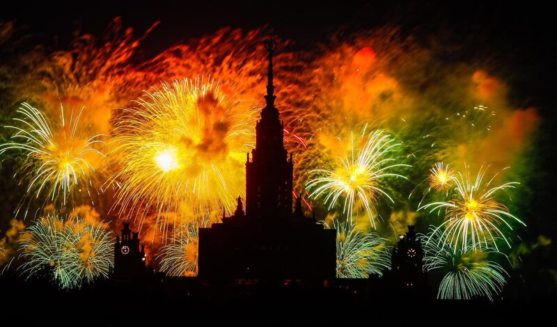 Fireworks illuminate the evening sky over Moscow's University building in the Russian capital.  EPA