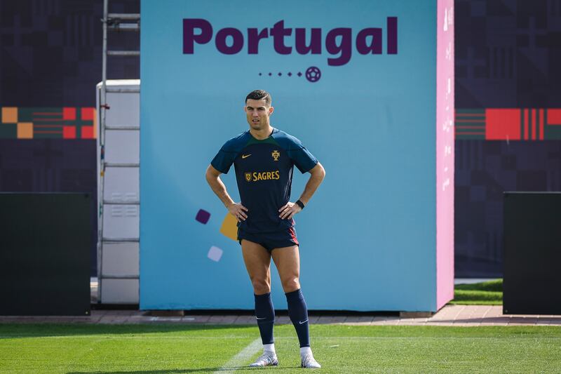 Cristiano Ronaldo attends a Portugal training session in Al Shahhniya. EPA