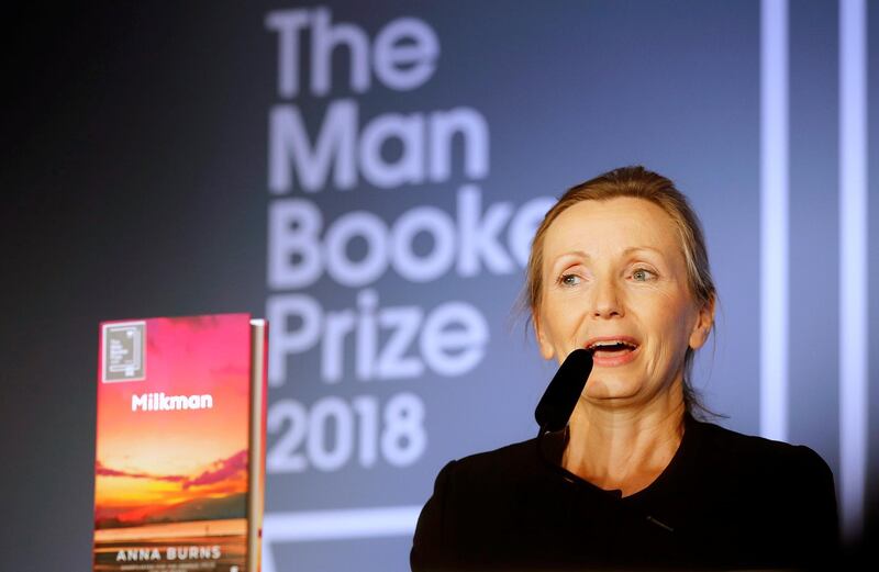 Writer Anna Burns delivers a speech after she was presented with the Man Booker Prize for Fiction 2018 by Britain's Camilla, the Duchess of Cornwall during the prize's 50th year at the Guildhall in London, Britain, October 16, 2018. Frank Augstein/Pool via REUTERS