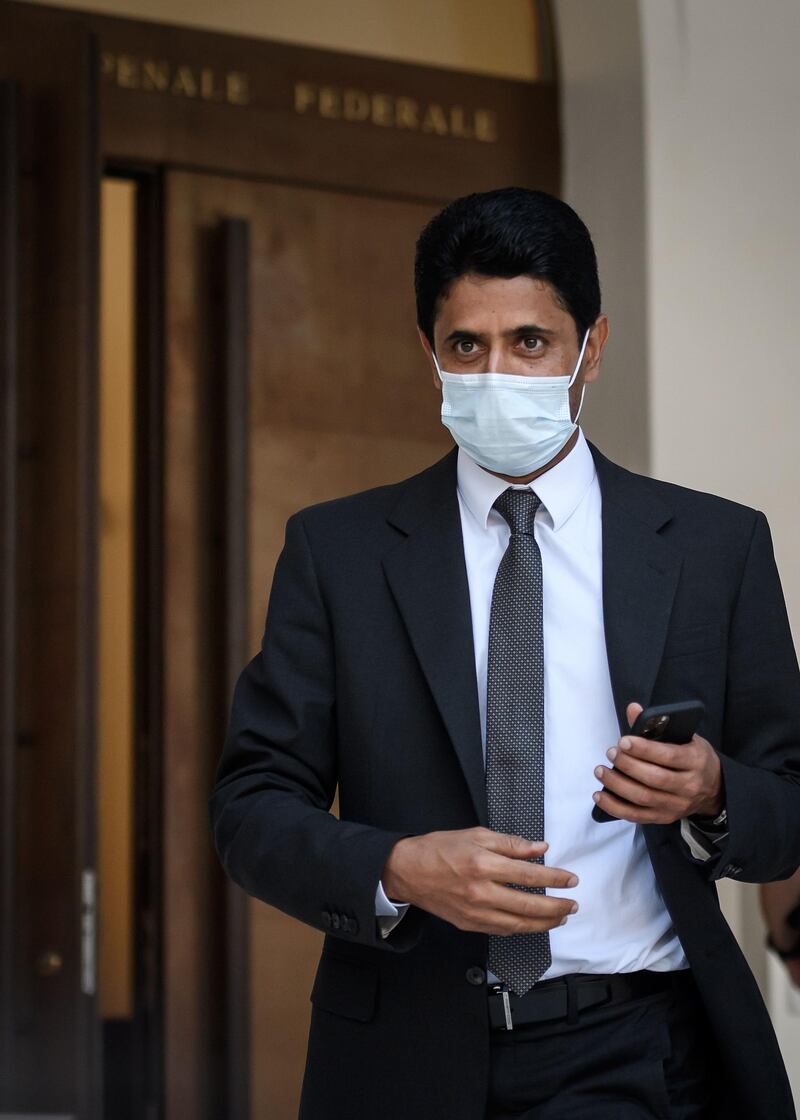 (FILES) In this file photo taken on September 14, 2020 Paris Saint-Germain chief Nasser Al-Khelaifi leaves the Swiss Federal Criminal Court on the opening day of a corruption trial of PSG president Nasser Al-Khelaifi and FIFA ex-secretary general Jerome Valcke in Bellinzona, southern Switzerland. Swiss prosecutors call for PSG president Al-Khelaifi to get 28 months jail in TV rights trial, according to media on September 22, 2020. FIFA's disgraced former secretary general Jerome Valcke and Paris Saint-Germain chief Nasser Al-Khelaifi went on trial in Switzerland on September 21 in the latest chapter of football's seemingly endless corruption saga. The two men have been indicted for alleged corruption in the attribution of football broadcasting rights -- Al-Khelaifi is also the boss of beIN Media. / AFP / Fabrice COFFRINI
