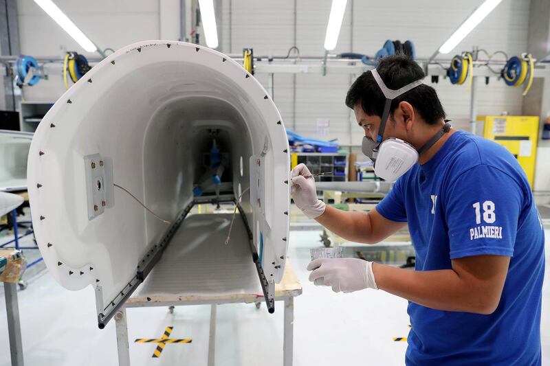 AL AIN , UNITED ARAB EMIRATES , JULY 2 – 2018 :- Worker working on the parts for Airbus and Boeing in the Assembly section at the Strata Manufacturing facility in Al Ain. ( Pawan Singh / The National )  For News. Story by John Dennehy
