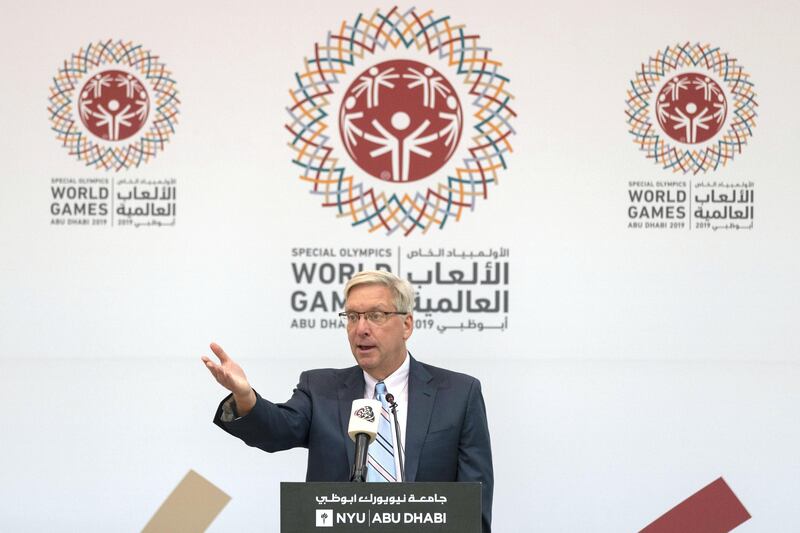 Abu Dhabi, United Arab Emirates, November 14, 2017:    Peter Wheeler, CEO of the Special Olympics World Games Abu Dhabi speaks during the launch event of the 9th MENA Special Olympics 2018 and the Special Olympics World Games 2019 at New York University Abu Dhabi on Saadiyat Island in Abu Dhabi on November 14, 2017. Christopher Pike / The National

Reporter:  N/A
Section: News