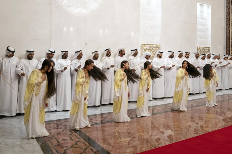 ABU DHABI, UNITED ARAB EMIRATES - February 3, 2019: A traditional dance is performed upon the arrival of His Holiness Pope Francis, Head of the Catholic Church (not shown) and His Eminence Dr Ahmad Al Tayyeb, Grand Imam of the Al Azhar Al Sharif (not shown), at the Presidential Airport. ( Mohamed Al Hammadi / Ministry of Presidential Affairs )
---