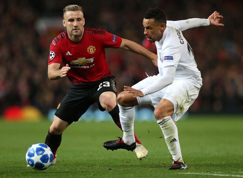 Manchester United's Luke Shaw in action against Valencia's Francis Coquelin. EPA