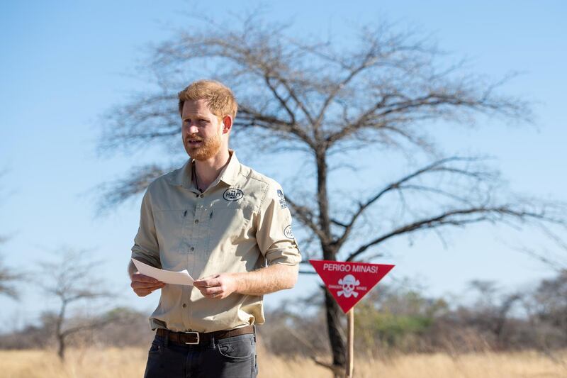 Prince Harry makes a speech during his visit to a working de-mining field. Getty Images