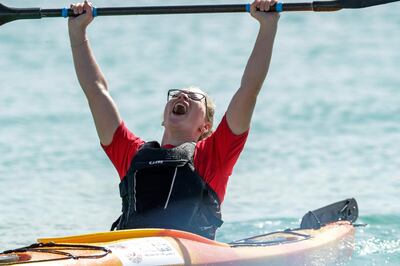 Abu Dhabi, March 18, 2019.  Special Olympics World Games Abu Dhabi 2019. Kayaking at the Marina Yacht club area. -- Irina Egorova takes the win in the first round of Women's Kayaking.
Victor Besa/The National