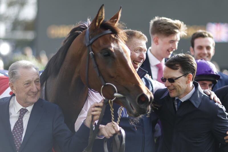 ASCOT, ENGLAND - OCTOBER 21:  Trainer Aidan O'Brien (R) is congratulated after equaling the record for 25 Group 1 winners in a season at Ascot racecourse on QIPCO British Champions Day on October 21, 2017 in Ascot, United Kingdom. (Photo by Alan Crowhurst/Getty Images)