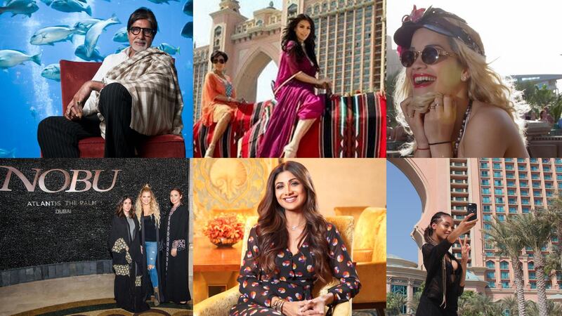 Atlantis, The Palm has welcomed many celebrity guests over the years, including, clockwise from left: Amitabh Bachchan; Kim Kardashian West; Rita Ora; Khloe Kardashian; Shilpa Shetty; Jourdan Dunn