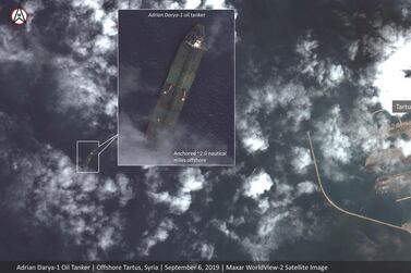 This satellite image provided by Maxar Technologies appears to show the Iranian oil tanker Adrian Darya-1 off the coast of Tartus, Syria. Maxar Technologies via AP