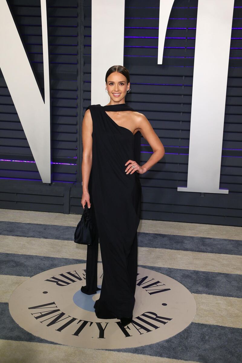 Jessica Alba in Narciso Rodriguez arrives at the 2019 Vanity Fair Oscar Party. AFP