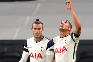 epa08844927 Tottenham Hotspur's Carlos Vinicius (R) reacts with team-mate Gareth Bale after scoring the 2-0 goal during the UEFA Europa League soccer match between Tottenham Hotspur and Ludogorets Razgrad in London, Britain, 26 November 2020. EPA/Clive Rose / POOL