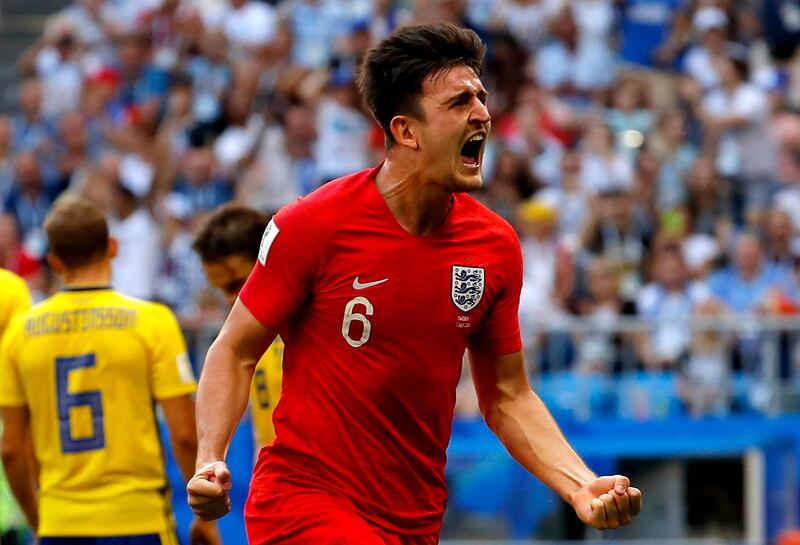 epa06871278 Harry Maguire of England celebrates scoring the 1-0 lead during the FIFA World Cup 2018 quarter final soccer match between Sweden and England in Samara, Russia, 07 July 2018.

(RESTRICTIONS APPLY: Editorial Use Only, not used in association with any commercial entity - Images must not be used in any form of alert service or push service of any kind including via mobile alert services, downloads to mobile devices or MMS messaging - Images must appear as still images and must not emulate match action video footage - No alteration is made to, and no text or image is superimposed over, any published image which: (a) intentionally obscures or removes a sponsor identification image; or (b) adds or overlays the commercial identification of any third party which is not officially associated with the FIFA World Cup)  EPA/SERGEI ILNITSKY   EDITORIAL USE ONLY