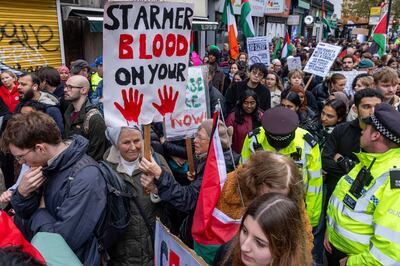 Hundreds of pro-Palestinian campaigners protest outside the constituency office of Labour Party leader Keir Starmer during a Gaza demonstration. Getty Images
