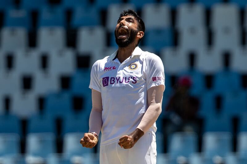 India pacer Jasprit Bumrah after dismissing South Africa's captain Dean Elgar during the fifth day of the first Test against South Africa in Centurion on Thursday, December 30, 2021.  AP