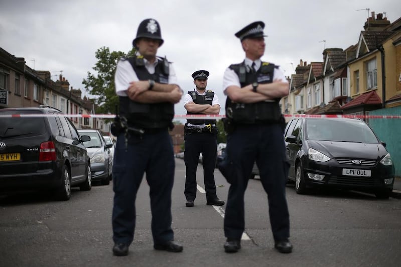 Police officers on duty in east London following a raid on the gym over the June 3 terror attack. Daniel Leal-Olivas / AFP Photo