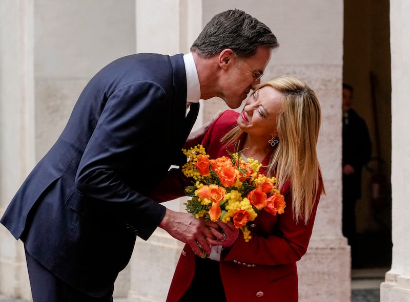 The Netherlands' Prime Minister Mark Rutte greets Italian counterpart Giorgia Meloni at the Chigi Palace government offices in Rome. AP