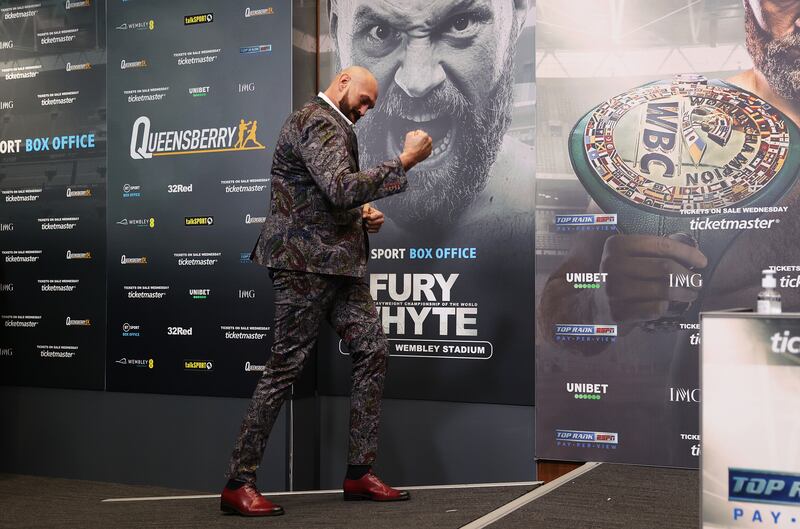 Tyson Fury arrives at the press conference at Wembley Stadium. Getty