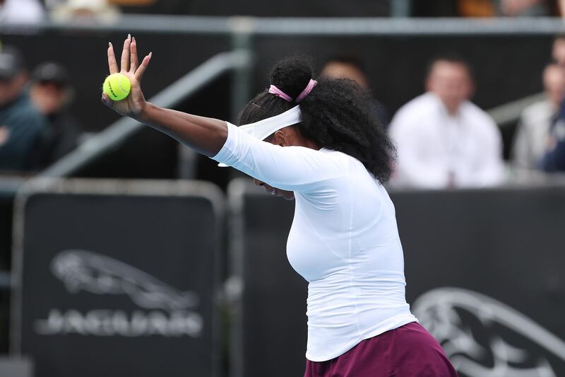 Serena Williams shows the new balls during her first round match against Camila Giorgi on Day Two of the 2020 Auckland Classic. Getty Images