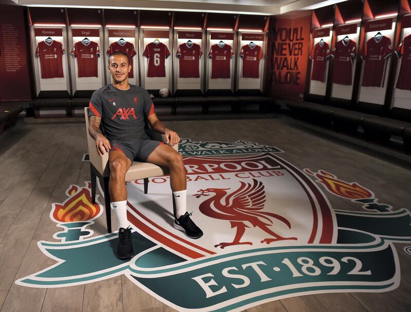 LIVERPOOL, ENGLAND - SEPTEMBER 18: (THE SUN OUT, THE SUN ON SUNDAY OUT) Thiago Alcantara new signing of Liverpool at Anfield on September 18, 2020 in Liverpool, England. (Photo by Andrew Powell/Liverpool FC via Getty Images)