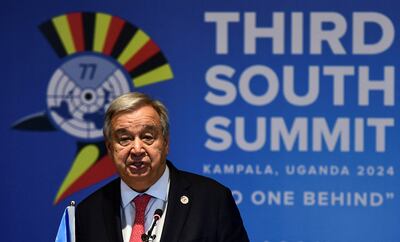 United Nations Secretary General Antonio Guterres addresses delegates at the opening of the Third South Summit (G77+China) in Kampala, Uganda. Reuters