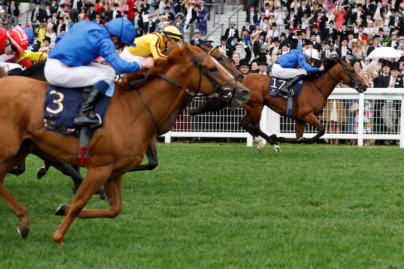 Naval Crown, ridden by James Doyle wins the Platinum Jubilee Stakes as Creative Force, ridden by William Buick places second, both for Godolphin, PA