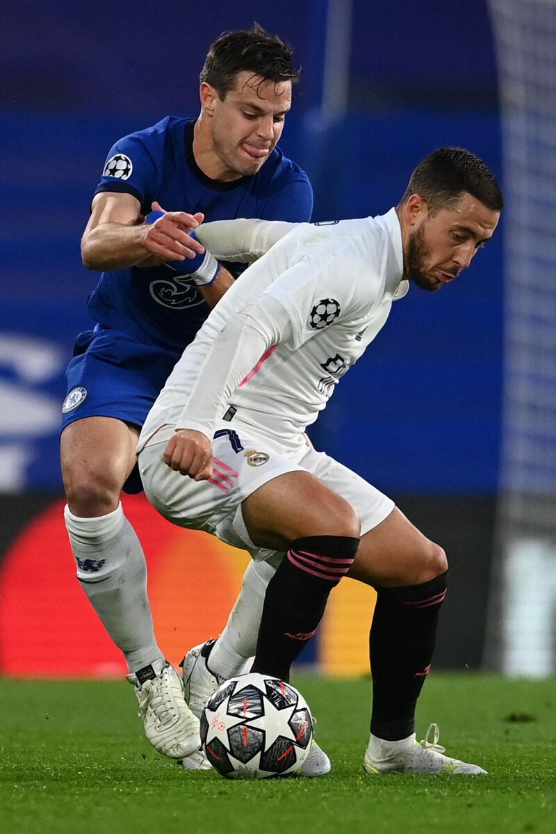 Chelsea's defender Cesar Azpilicueta, left, vies with Real Madrid's Eden Hazard at Stamford Bridge on Wednesday. AFP