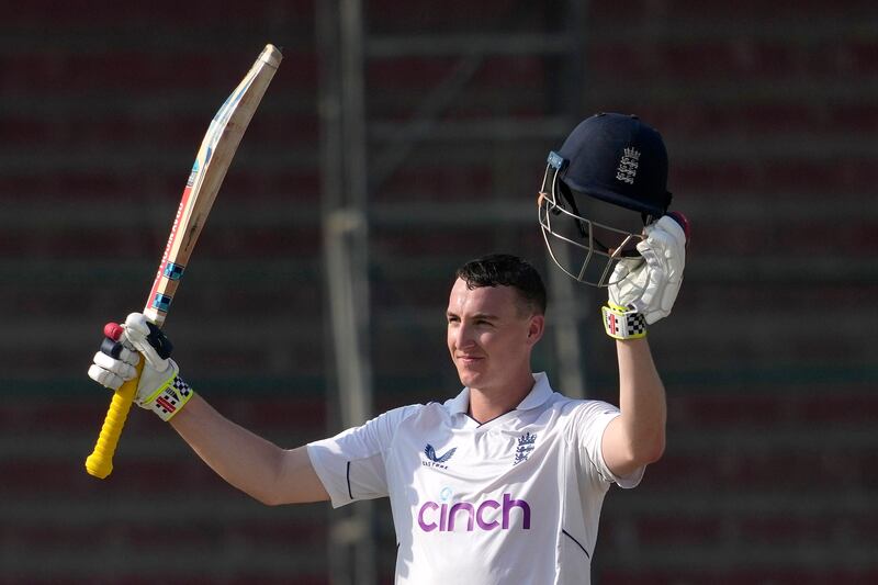 England's Harry Brook celebrates after scoring a century during the second day of the third Test against Pakistan, in Karachi on December 18, 2022.  AP