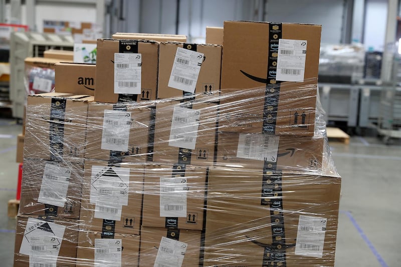 DUBAI, UNITED ARAB EMIRATES , March 18, 2021 –  Carts ready for delivery at the Amazon DXB3,  Amazon fulfilment centre in Dubai Logistics City in Dubai. (Pawan Singh / The National) For Lifestyle/Online/Instagram. Story by Farah