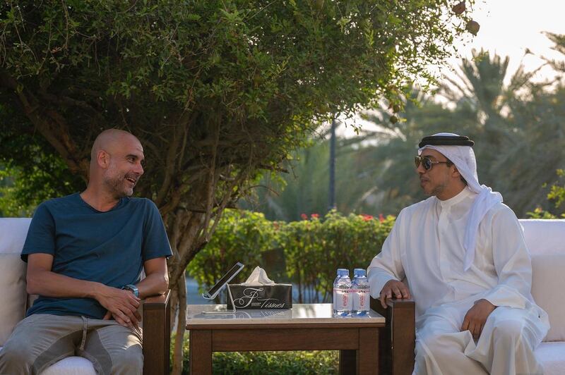 Sheikh Mansour bin Zayed, Deputy Prime Minister and Minister of Presidential Affairs, met Manchester City manager Pep Guardiola. Photo: @HHMansoor via Twitter