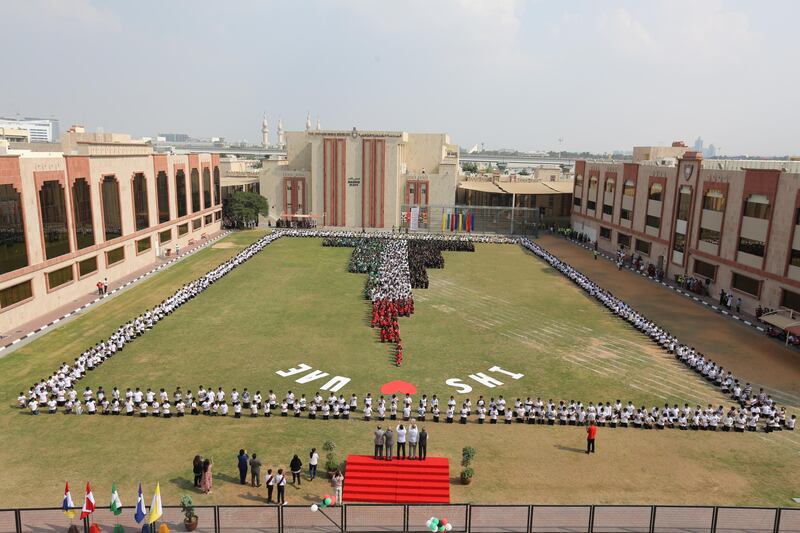 The grand finale to celebrate National Day at The Indian High group of schools saw almost 2,500 pupils outline the Burj Khalifa in the colours of the UAE National Flag on the school’s football field