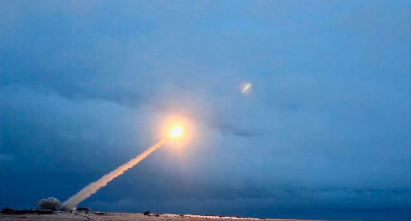 epa06573049 A frame grab take from a handout video footage provided by official website of Russian President kremlin.ru shows a test launch of a nuclear-powered cruise missile demonstrated on displays during Russian President Vladimir Putin's address to the Federal Assembly at the Manezh Central Exhibition Hall in Moscow, Russia, 01 March 2018. President Putin stated that Russia has developed a new line of strategic, nuclear-capable weapons that are invincible.  EPA/KREMLIN / HANDOUT  HANDOUT EDITORIAL USE ONLY/NO SALES