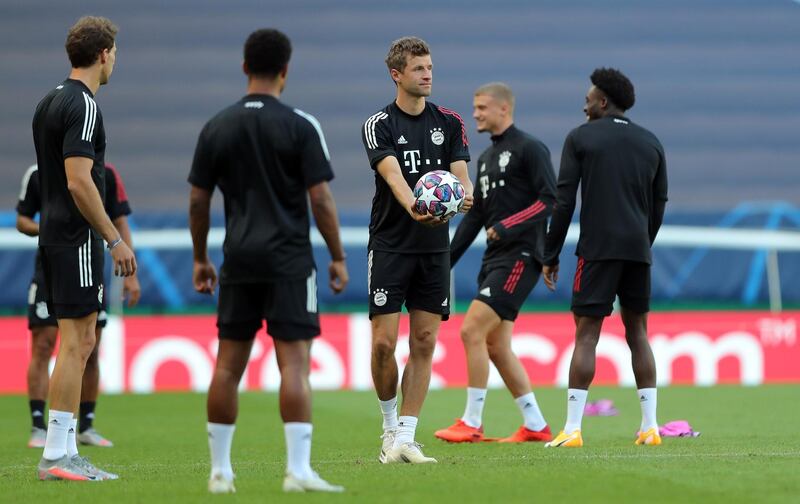 Thomas Mueller and teammates during a training session in Lisbon. EPA