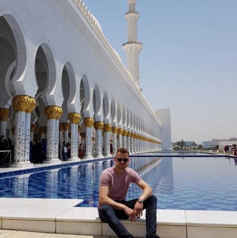 Liverpool goalkeeper Simon Mignolet at the Sheikh Zayed Grand Mosque in Abu Dhabi on May 16. Courtesy Simon Mignolet / Instagram