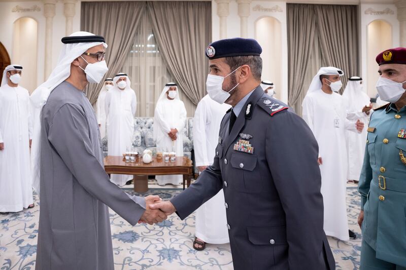 President Sheikh Mohamed receives Maj Gen Faris Khalaf Al Mazrouei, Abu Dhabi Executive Council member, Commander-in-Chief of Abu Dhabi Police and Chairman of the Abu Dhabi Emergency, Crisis and Disasters Committee at Mushrif Palace following the death of Sheikh Khalifa.