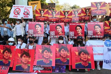 Demonstrators in Yangon protest against Myanmar's military coup and demand the release of elected leader Aung San Suu Kyi on February 13, 2021. Reuters