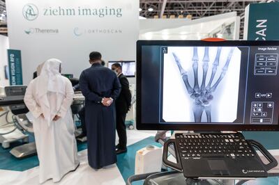 An X-ray of a hand shown on an imaging machine at Arab Health 2022. Antonie Robertson / The National