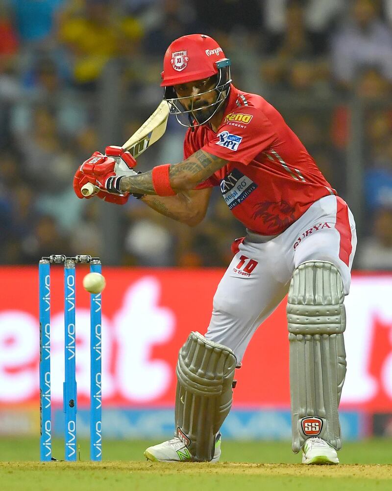 Kings XI Punjab cricketers KL Rahul plays a shot during the 2018 Indian Premier League (IPL) Twenty20 cricket match between Mumbai Indians and Kings XI Punjab at the Wankhede Stadium in Mumbai on May 16, 2018. / AFP PHOTO / INDRANIL MUKHERJEE / ----IMAGE RESTRICTED TO EDITORIAL USE - STRICTLY NO COMMERCIAL USE----- / GETTYOUT
